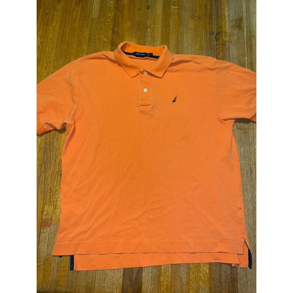 Nautica Men‎ Large Solid Orange Cotton Pique Collared Short Sleeve Polo Shirt